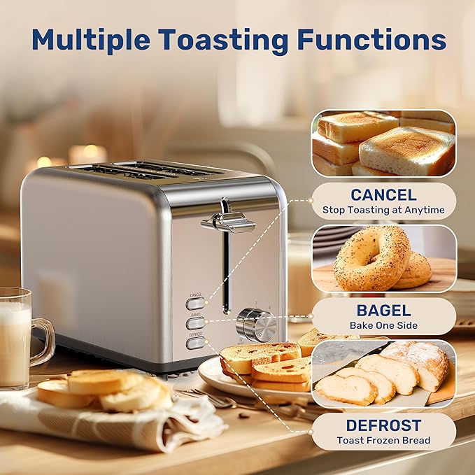 YSSOA Stainless Steel Toaster 2 Slice with Extra Wide Slot &amp Removable Crumb Tray 6 Shade Settings and Bagel/Defrost/Cancel Functions Compact Oven for Various Bread &amp Waffle Silver New