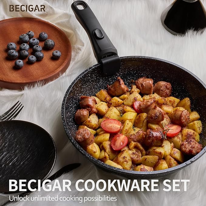 23pcs Ceramic Pots and Pans Set Nonstick Detachable Handle Cookware Induction Kitchen Cooking Set with Removable Handleinclude Frying Pans &amp Saucepans Oven Safe (Black)