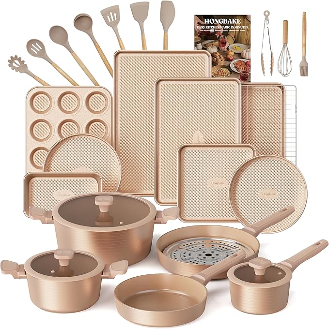 HONGBAKE 26 Pcs Pots and Pans Set Non Stick Non Toxic Ceramic Cooking Set With 10 Silicone Utensils Kitchen Induction Cookware &amp Bakeware Sets with Diamond Texture Pattern PFOA Free Gold