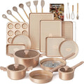HONGBAKE 26 Pcs Pots and Pans Set Non Stick Non Toxic Ceramic Cooking Set With 10 Silicone Utensils Kitchen Induction Cookware &amp Bakeware Sets with Diamond Texture Pattern PFOA Free Gold