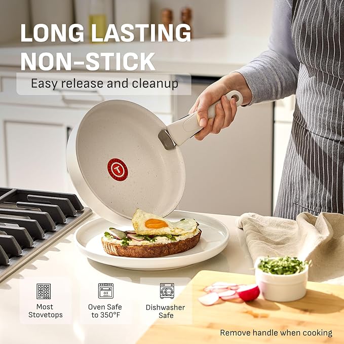 T-fal Ingenio Essentials Cookware Set with Detachable/Removable Handle 11 Piece Granite Titanium Non Stick Oven Broiler Safe 500F Stackable Pots and Pans Set Frying Pans Dishwasher Safe Beige