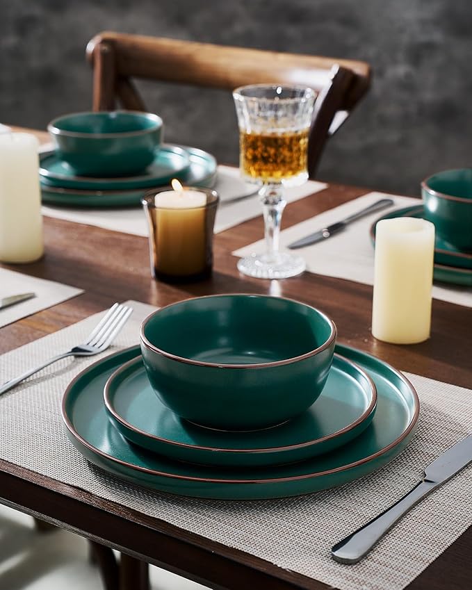 Famiware Mercury Plates and Bowls Sets 18 Pieces Stoneware Dinnerware Sets Dishes Set for 6 Microwave and Dishwasher Safe Dark Green