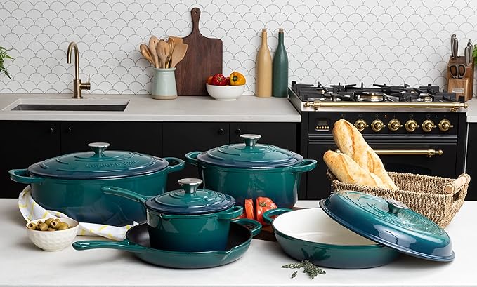 Larder &amp Vine 9 Piece Enameled Cast Iron Cookware Set Oven Safe and Compatible with all Cooktops – includes 3.6 Qt Braiser 5.7 QT and 8 QT Dutch Ovens 10.25in Skillet and 2.2 QT Saucepan (Bondi