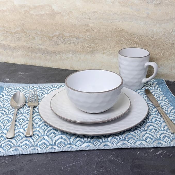 Luxurious 16 Piece Pearl Dinnerware Set - Stoneware Service for 4 Elegant Slate &amp Stone Finish Dishwasher &amp Microwave Safe Diamond Texture (White)