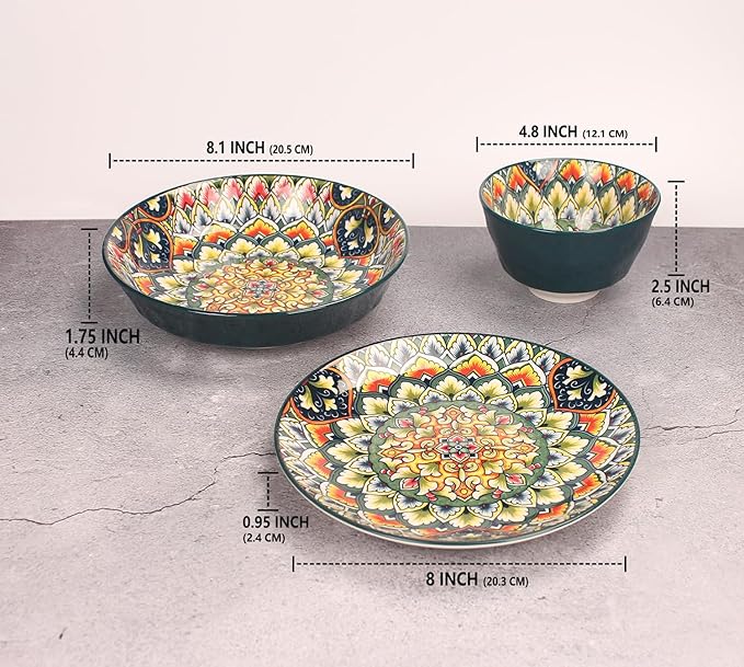 YA JU Mandala Dinnerware Sets (12 Pcs) Serves 4 Buffet Dinnerware Boho Plates and Bowls Dish Set with 8 salad Plate 8 Dessert Plate 4.8 bowl apply Casual dining Indoor Outdoor Dining Party