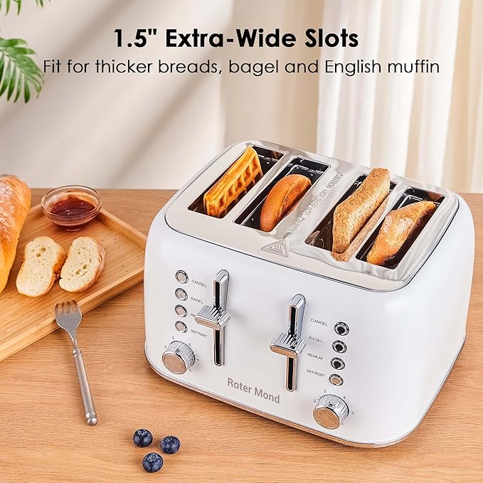 Roter Mond Toaster 4 Slice Retro Stainless Steel with Extra Wide Slots Bagel Defrost Reheat Function Dual Independent Control Panel Removable Crumb Tray 6 Browning Levels White