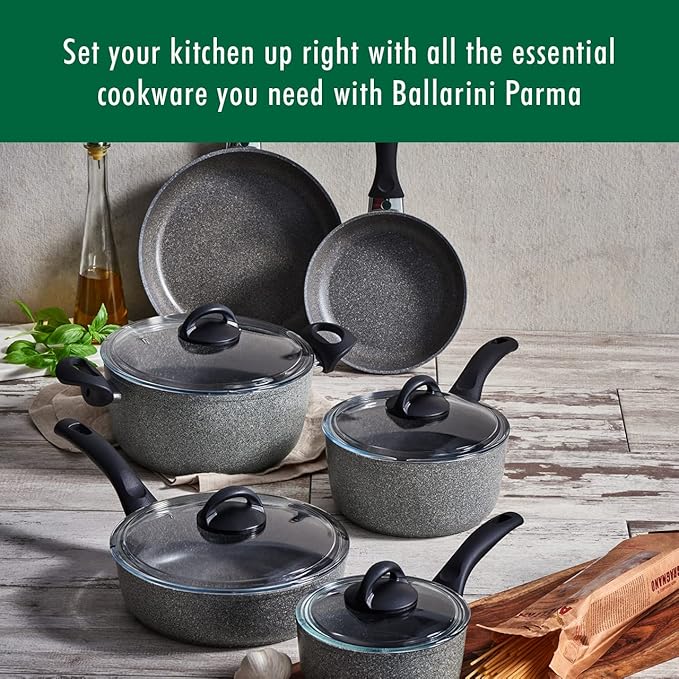 BALLARINI Parma by HENCKELS 10-pc Nonstick Pot and Pan Set Made in Italy Set includes fry pans saucepans sauté pan and Dutch oven with lidGray