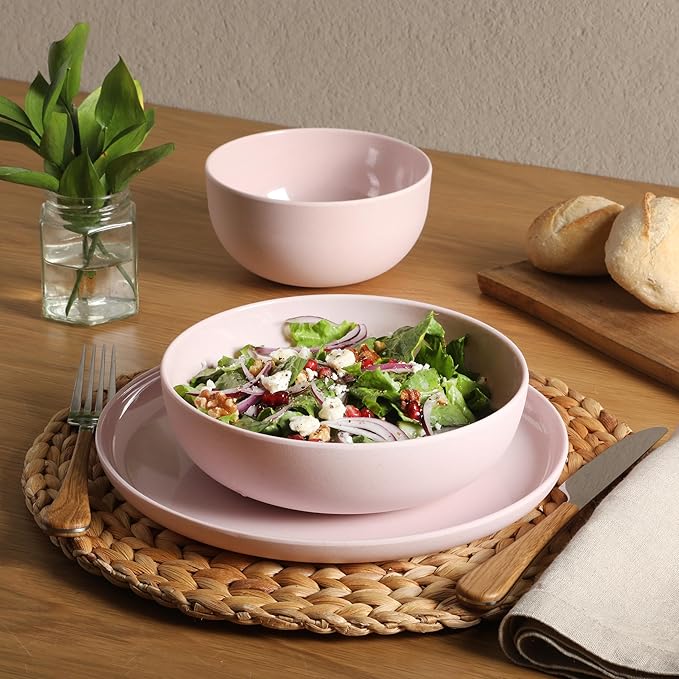 Gibson Home Candy Skies 12 Piece Unbreakable Wheat Straw Melamine Plates and Bowls Dinnerware Set - Outdoor Camping &amp Everyday Use - Matte Exterior/Shiny Interior Pink