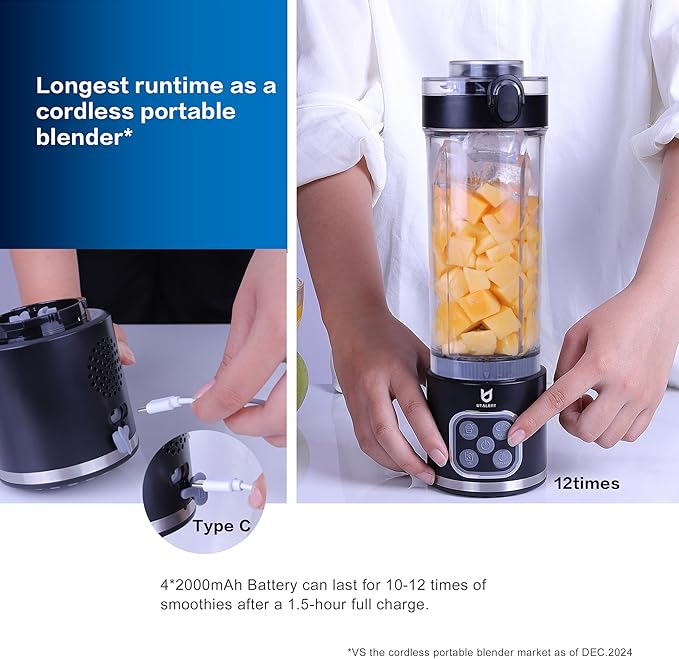UTALENT Cordless Portable Blender 25 oz removable Vessel Powerful Personal Blender For-Smoothies Ice Crush 4 Programs Leakproof-Lid &amp Sip Spout USB-C Rechargeable Dishwasher Safe Parts Bl
