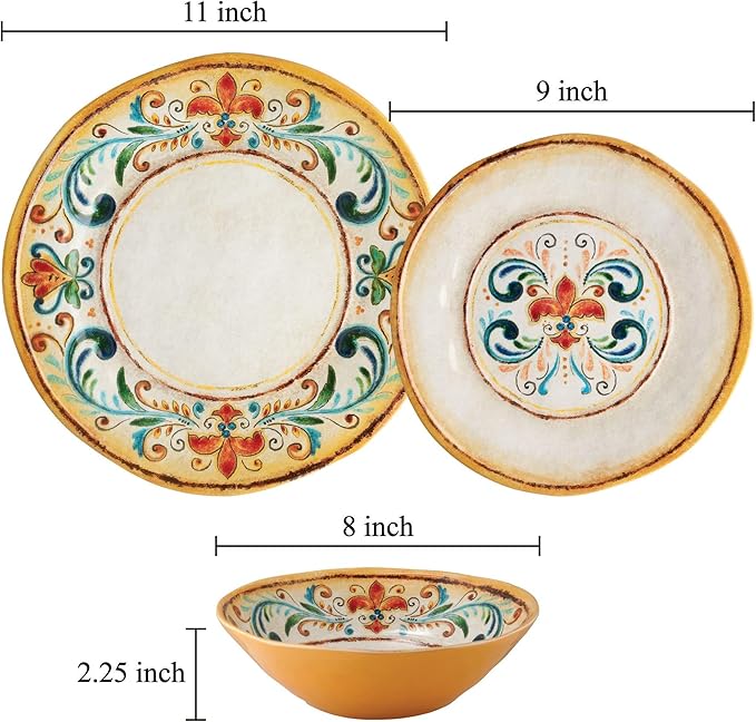 UPware 12 Piece Tuscany Melamine Dinnerware Sets Outdoor Dishes Set Plates and Bowls Sets Service for 4 Multicolor