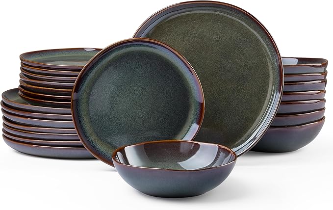 HaWare Dinnerware Sets 24-Piece Stoneware Plates and Bowls Set Dish Set for 8 Ceramic Dishware for Home Restaurant Chip and Scratch Resistant Microwave and Dishwasher Safe Reactive Moss Green