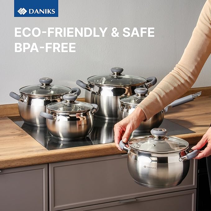 Daniks Modern 11-Piece Stainless Steel Cookware Set with Glass Lids Includes Saucepan and Frying Pan with Lid Tri-Ply Bases for Even Heating Induction Compatible Dishwasher Safe Heatproof Handles