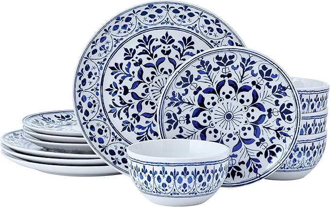 Pfaltzgraff Medallion Radiance 12 Piece Stoneware Dinnerware Plate Bowl Dish Set Service for 4 Blue