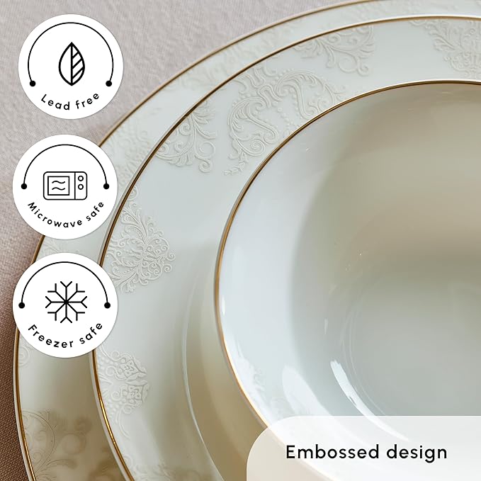 Karaca Siena Dinner Sets for 12 People 56-Piece Luxury Dinner Sets with Gold Trim Dinner Plates Pasta BowlsSalad/Cereal/Soup BowlsSide PlatesServing PlattersWhite Porcelain Dinnerware Sets