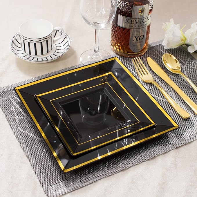 WDF 125Pieces Black Square Plastic Plates with Gold Rim Gold Disposable Silverware - include 25Pcs Dinner Plates25Pcs Dessert Plates25 Forks 25 Knives 25 Spoons for New Year (Pack of 2)