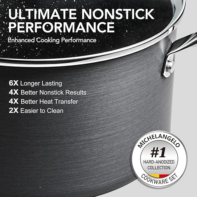 MICHELANGELO Hard Anodized Cookware Set - 10 Pcs Non Stick Pots and Pans Set with Granite Interior Induction Cookware Set with Steamer Insert