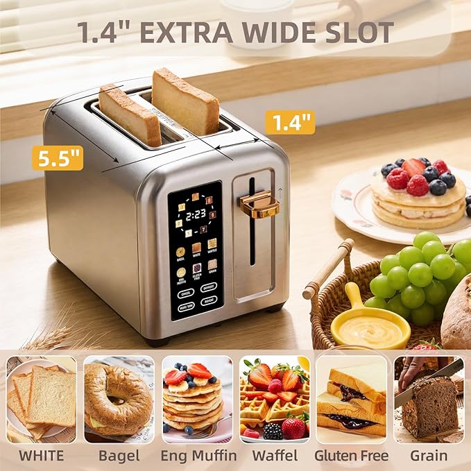2-Slice Toaster with Touch Screen 7 Shade Settings Extra Wide Slots 6 Bread Function Stainless Steel with High Lift Lever Removable Crumb Tray 1350W (Silver)