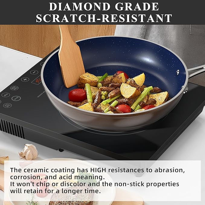 Nuwave Healthy Duralon Blue Ceramic Nonstick Cookware Set Diamond Infused Scratch-Resistant PFAS Free Dishwasher &amp Oven Safe Induction Ready &amp Evenly Heats Tempered Glass Lids &amp Stay-