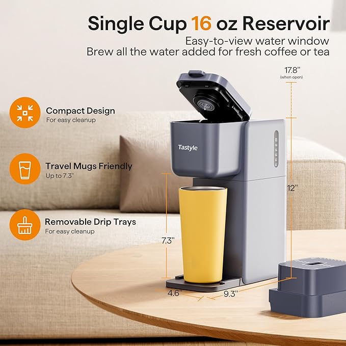 Single Serve Coffee Maker for K Cup Ground and Tea Hot and Iced Coffee Machines with Bold Setting 6 to 16 Oz Brew Sizes Compact for Small Spaces Gray (2.0 Version)
