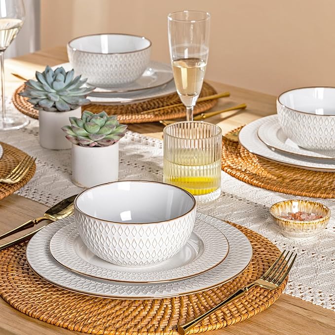 GBHOME Ceramic Dinnerware Sets12 pcs Embossed Elegant Stoneware Plates and Bowls Sets Housewarming Wedding Gift | Dishwasher &amp Microwave Safe | Dishes Set Service for 4