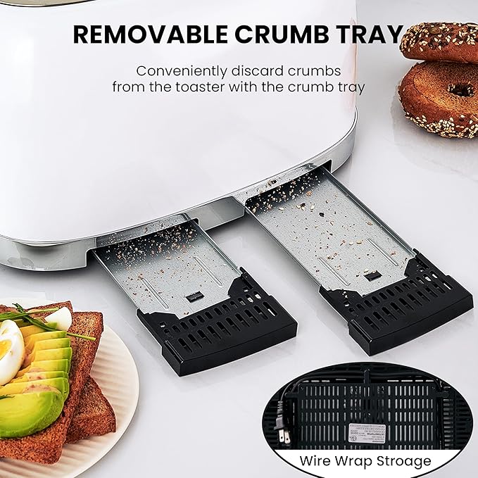 Roter Mond 4 Slice Toaster Retro Stainless Steel with Bagel Defrost Cancel Function 6 Browning Settings Extre Wide Slot and Removable Crumb Tray White ST033