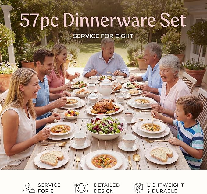 Joseph Sedgh Collection Sandra 57-Piece Bone China Dinnerware Set Service for 8 Blush Pink and Gold