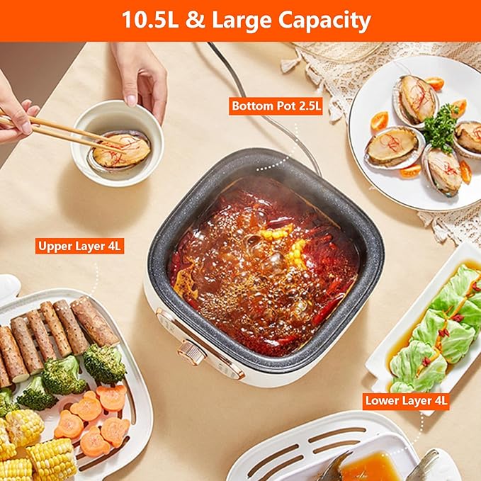 2-in-1 Electric Rice Cookers + Hotpot (With 3 Spice Plates) Double Layer Hot Food Warming Plate with Rotary Switch - One-Key Steaming 2.5l Bottom Pot + 4L Steam Tray