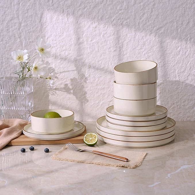 Famiware Nebula Plates and Bowls Sets for 4 12 Pieces Stoneware Dinnerware Set Microwave and Dishwasher Safe Dishes Set Vanilla White with Brown Rim
