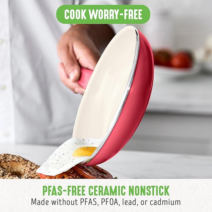 GreenLife Soft Grip 16 Piece Healthy Ceramic Nonstick Cookware Set Pots and Pans Set 6-Quart Slow Cooker PFAS &amp PFOA-Free Dishwasher Safe Oven Safe Versatile Kitchen Essentials Red