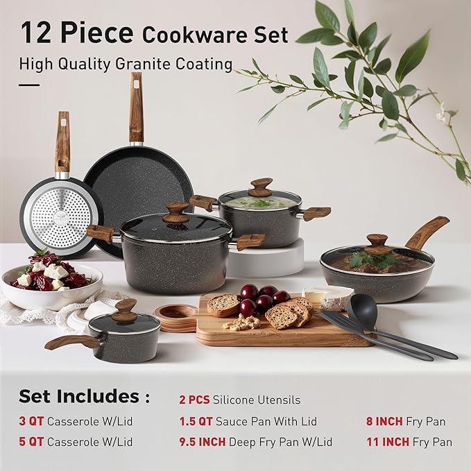 DishDelight Induction Pots and Pans Set Non Stick 12 Piece Nonstick Kitchen Cookware Sets Nonstick Granite Cooking Set Induction Pots and Pans Induction Cookware Sets with Frying Pans Black