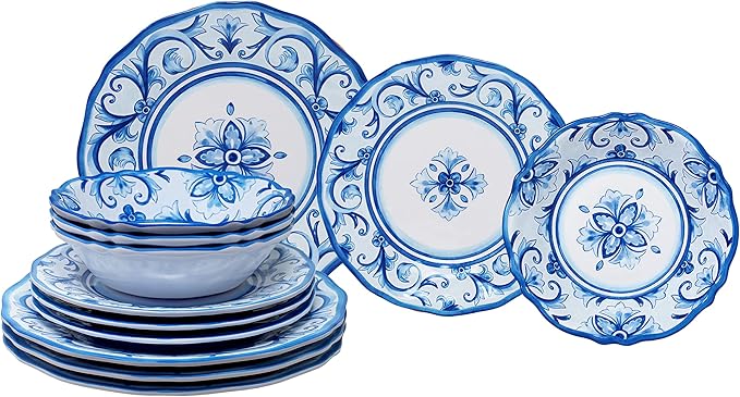 Le Cadeaux 12 Piece Luxury Melamine Dinnerware Set Service for 4 Mallorca