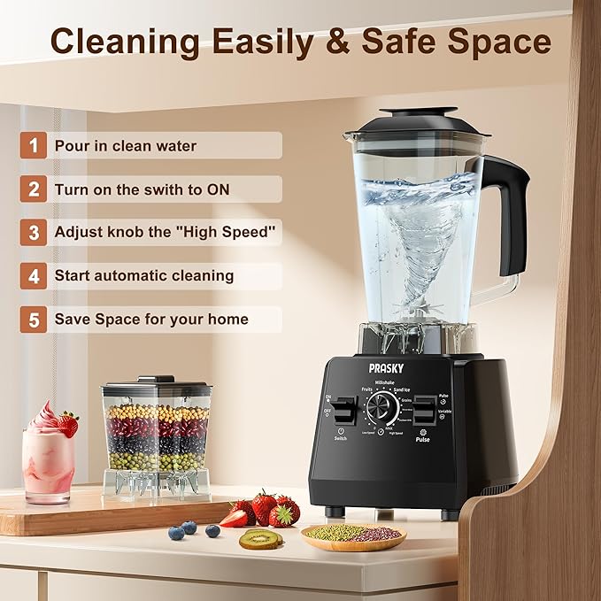 Blenders for Kitchen Smoothie Blender 2400W/1000W Prasky Blender &amp Grinder Combo 25000 RPM High Speed 68oz BPA-Free Food Processor Countertop Blender for Smoothies Shakes &amp Food (Black