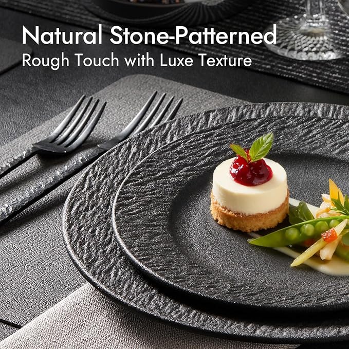 KINGSTONE Black Dinnerware Sets 24-Piece Matte Marble Pattern Premium Porcelain Place Setting with Dinner Plate Salad Plate Pasta Bowl Microwave and Dishwasher Safe