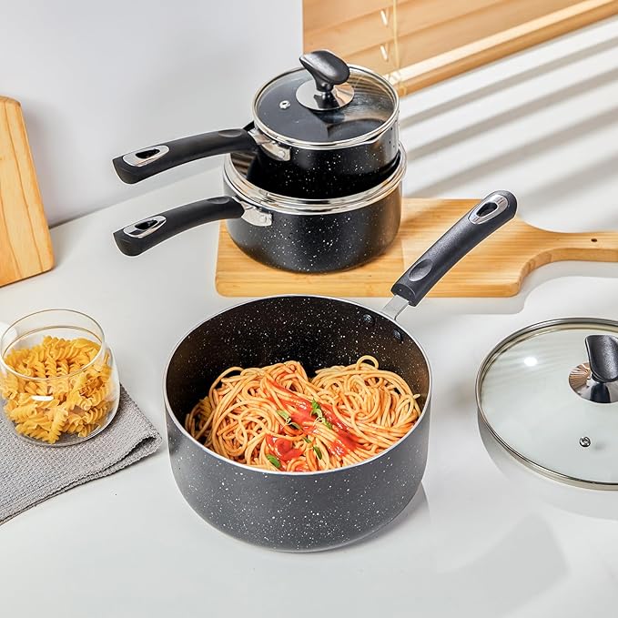 Nonstick Saucepan Set - 3-Pieces Pot Set 1 Quart &amp 2 Quart &amp 3 QuartUltra Non Stick Sauce Pan Small Pot with Glass LidGreat for Home Kitchen RestaurantBlack