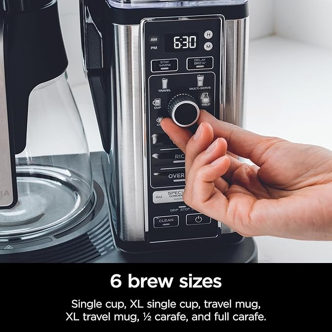 Ninja Specialty Coffee Maker Hot &amp Iced Coffee 6 Brew Styles 8 Sizes Small Cup to Travel Mug 10-Cup Carafe Fold-Away Frother Permanent Filter Removable Reservoir Black CM401