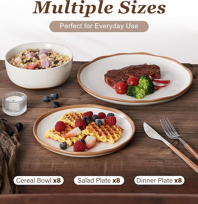 24 Piece Dinnerware Sets for 8 - Farmhouse Ceramic Plates and Bowls Sets - Scratch Resistant Stoneware Dishes Set Dishwasher &amp Microwave Safe Stack Compactly Dishware - Vintage White