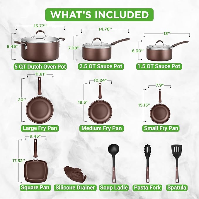 NutriChef 14-Piece Nonstick Brown Cookware Set - Scratch-Resistant Kitchen Pots and Pans with Lids &amp Utensils For All Cooktops - NCCW14SBR
