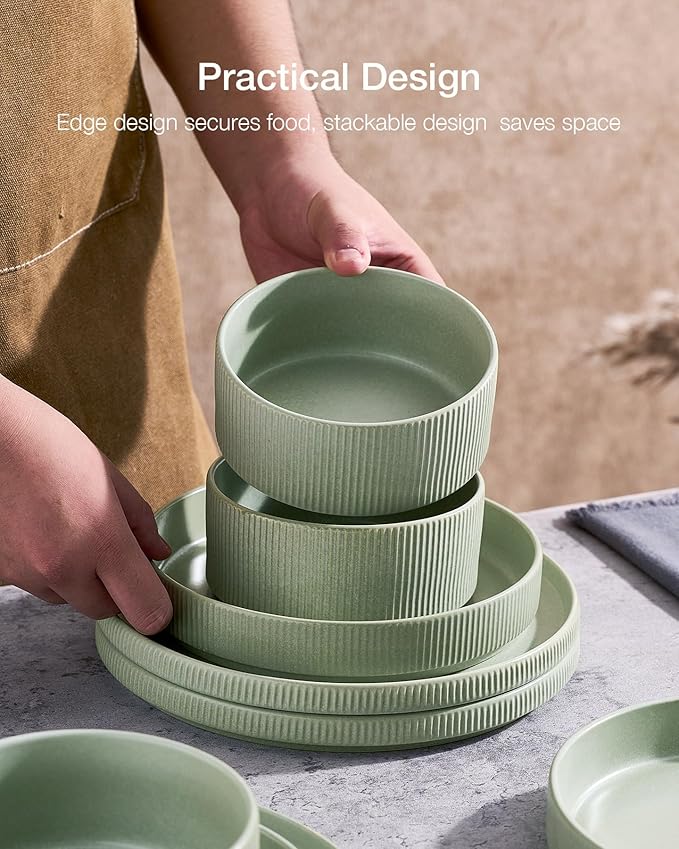 Famiware Star Dinnerware Set Plates and Bowls Sets for 4 (12pcs) Ribbed Stoneware Dishes - Chip &amp Scratch Resistant Microwave &amp Dishwasher Safe Matte Sage Green