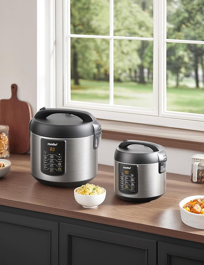 COMFEE' Compact Rice Cooker 6-in-1 Stainless Steel Multi Cooker Slow Cooker Steamer Saute and Warmer 2 QT 8 Cups Cooked(4 Cups Uncooked) Brown Rice Quinoa and Oatmeal 6 One-Touch Programs C