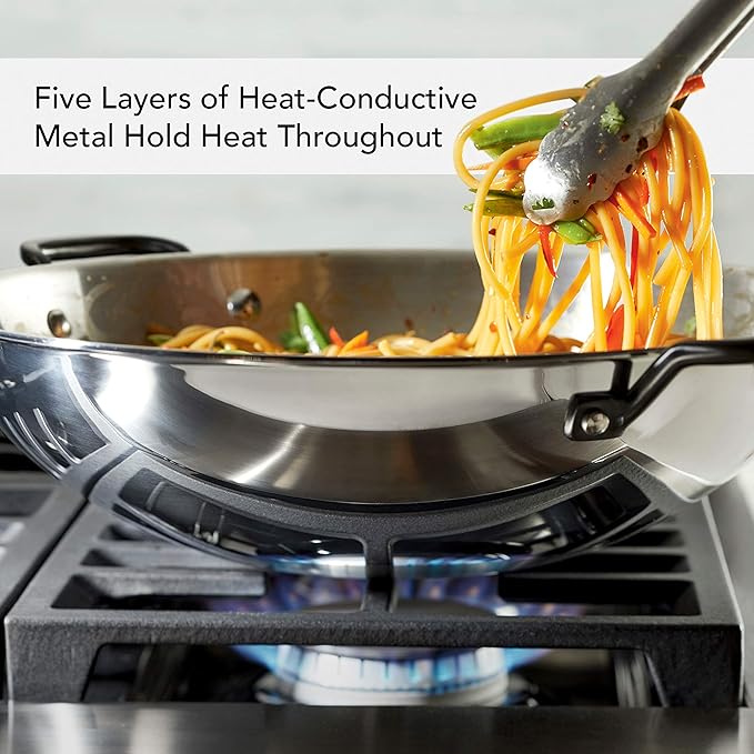 KitchenAid 5-Ply Clad Polished Stainless Steel Wok Induction Compatible Dishwasher Safe 15 Inch Open Stir-Fry Pan