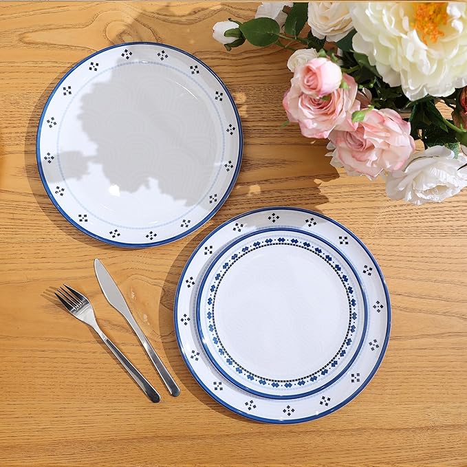 Melamine Dinnerware Set 12pcs Plates and Bowls Set Blue Dinner Dishes Set for Indoor and Outdoor BPA-Free Dishwasher Safe Blue