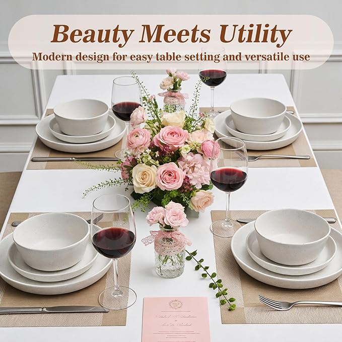 Ceramic Dinnerware Sets12 Pieces Plates and Bowls SetsPorcelain Kitchen Dinner Set for 4Scratch Resistant Stoneware Dish SetRustic Terracotta UndersideDishwasher&ampMicrowave Safeoff white