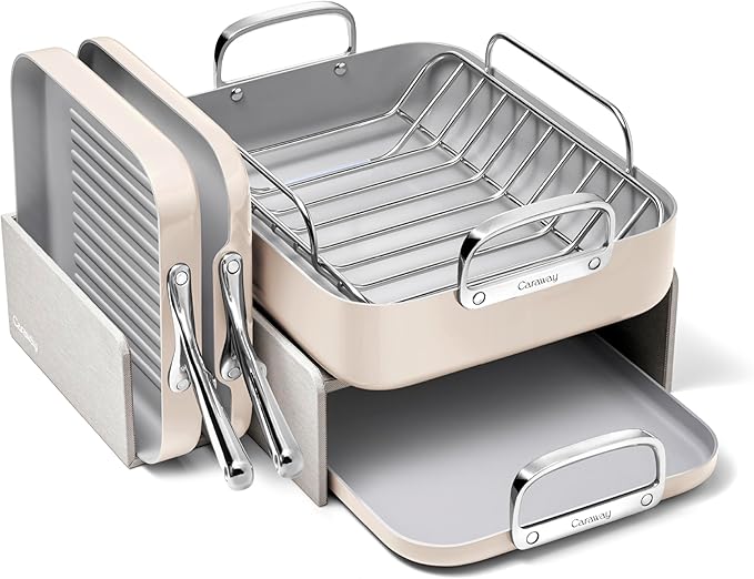 Caraway Square Cookware Set - Square Pans Set - Perfect for Griddling Toasting Searing Roasting and More - Non-Stick Ceramic Coated Pans - Non Toxic PTFE &amp PFOA Free - Cream