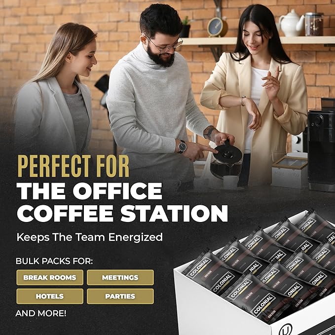Colonial Coffee 100 Count Single Pot Coffee Packets – 100% Arabica Donut Shop Blend Medium Roast | Pre-Measured Frac Packs for 12 Cup Maker | Bulk Ground Gourmet Coffee for Home &amp Office