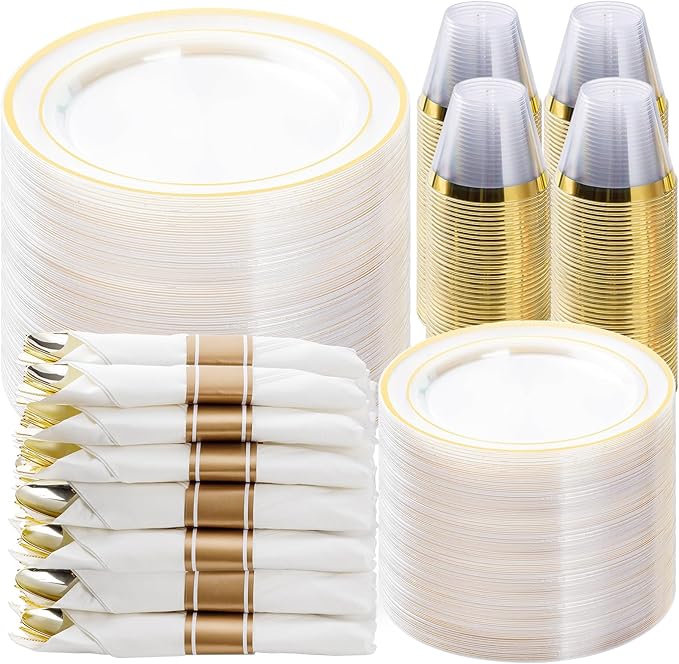 BESTVIP 700PCS Clear Gold Plastic Dinnerware Set for 100 Guests Disposable Party Plate for Christmas and New Year Include: 200 Plastic Plates 100 Pre Rolled Napkins with Silverware 100 Cups
