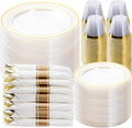 BESTVIP 700PCS Clear Gold Plastic Dinnerware Set for 100 Guests Disposable Party Plate for Christmas and New Year Include: 200 Plastic Plates 100 Pre Rolled Napkins with Silverware 100 Cups