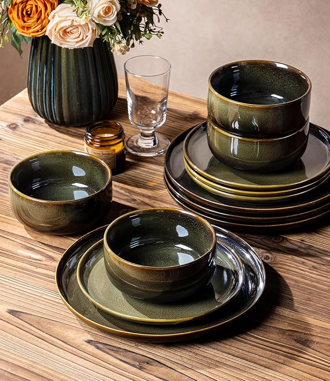 TheTerra Ceramic Dinnerware Sets for 8 24 Pieces Handmade Reactive Glaze Plates and Bowls Set Scratch Resistant Dish Set Oven &amp Microwave &amp Dishwasher Safe Olive Green