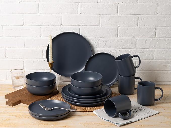 12-Piece Stoneware Dinnerware Set with Mugs | Microwave and Dishwasher Friendly | Stackable Matte Glaze Plates &amp Bowls | Service for 3 (Blue for 4)