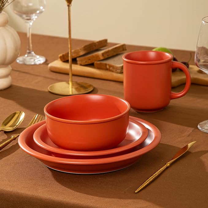 Timeworn Clay Dinnerware Set 12 Pieces Stoneware Sets for 4 Hand-Finished Glaze Farmhouse Plates and Bowls Microwave and Dishwasher Safe Terracotta Red