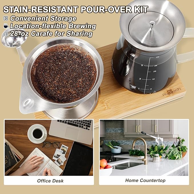 Aquach Pour Over Coffee Maker Set with Extra Large Coffee Dripper 28 oz Glass Carafe Stainlesss Steel Coffee Scoop and Bamboo Storage Tray Unique Set for Home or Office